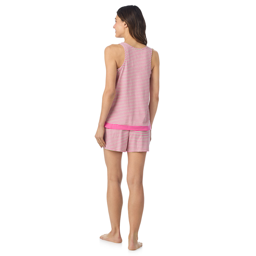 A lady wearing Cotton-Blend Tank with Short 2-Pc Pajama Set in Pink Stripe posing back view pose