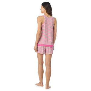  A lady wearing Cotton-Blend Tank with Short 2-Pc Pajama Set in Pink Stripe posing back view pose