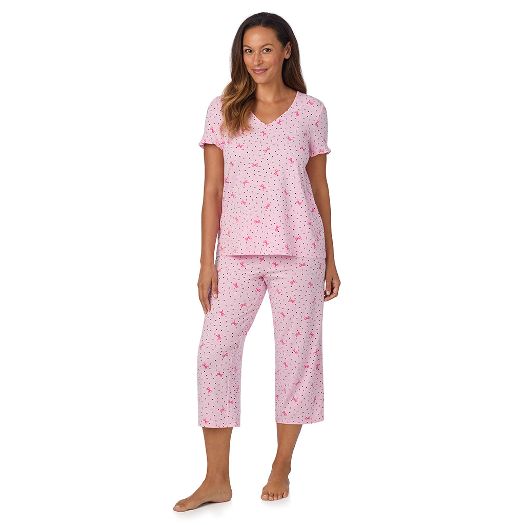 Pink Bow Dot; Model is wearing size S. She is 5'8", Bust 34", Waist 24.5", Hips 35".@A lady wearing Cotton Rich Ruffled Short Sleeve Top with Pant Pajama Set
