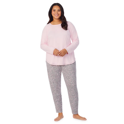 Animal with Pink;Model is wearing size 1X. She is 5'10", Bust 40", Waist 33", Hips 47"@A lady wearing animal with pink brushed sweater knit long sleeve plus pajama set. 