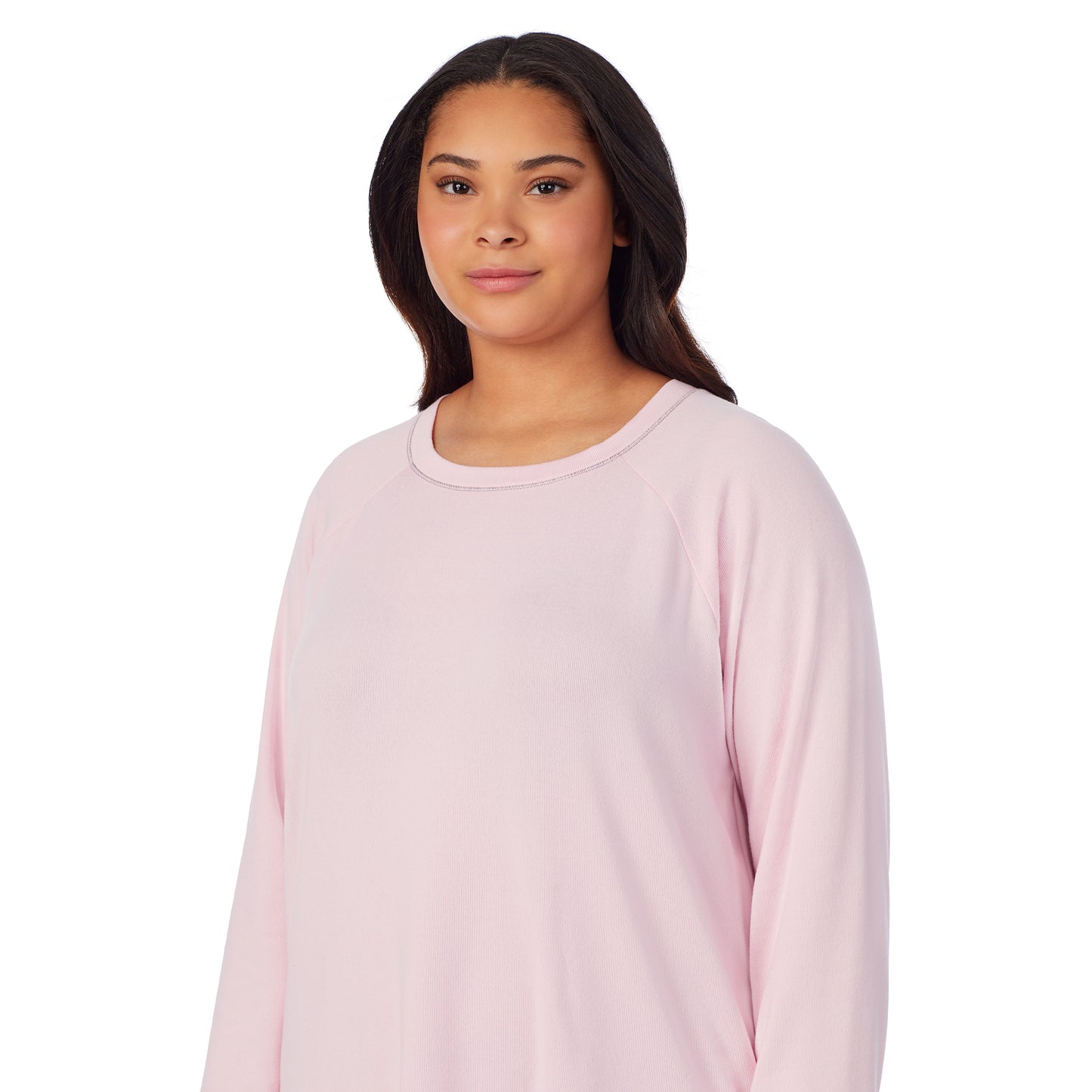 Animal with Pink;Model is wearing size 1X. She is 5'10", Bust 40", Waist 33", Hips 47"@A lady wearing animal with pink brushed sweater knit long sleeve plus pajama set. 