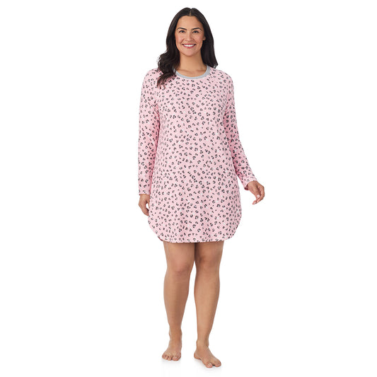 A lady wearing Pink Animal Brushed Sweater Knit Long Sleeve Sleepshirt PLUS