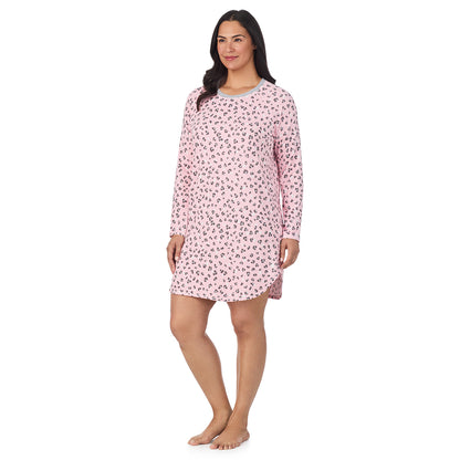 Pink Animal;Model is wearing size 1X. She is 5'10", Bust 40", Waist 33", Hips 47".@A lady wearing Pink Animal Brushed Sweater Knit Long Sleeve Sleepshirt PLUS