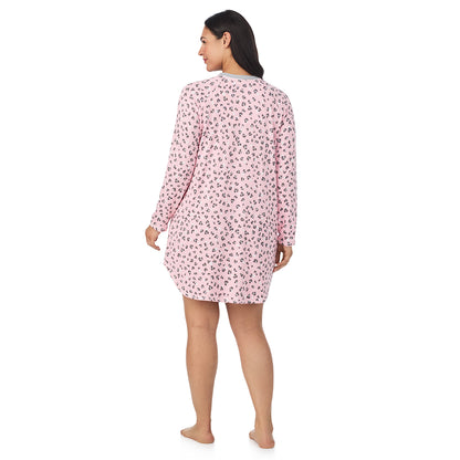 Pink Animal;Model is wearing size 1X. She is 5'10", Bust 40", Waist 33", Hips 47".@A lady wearing Pink Animal Brushed Sweater Knit Long Sleeve Sleepshirt PLUS