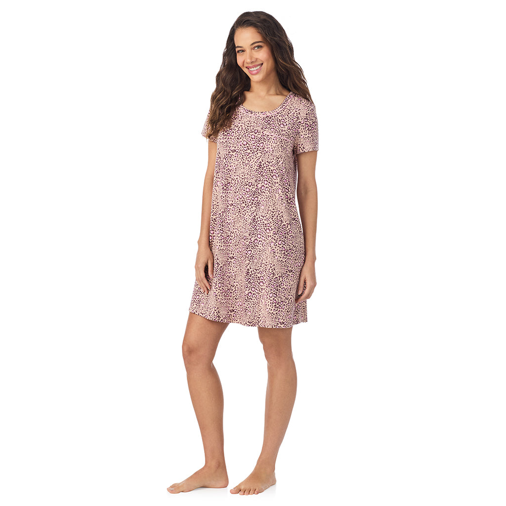 A lady wearing a Leopard Animal Cotton Rich Short Sleeve Sleepshirt 
