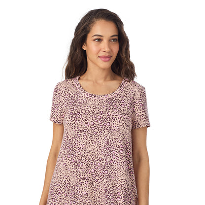 Leopard Animal; Model is wearing size S. She is 5’9”, Bust 34”, Waist 23”, Hips 35”..@A lady wearing a Leopard Animal Cotton Rich Short Sleeve Sleepshirt 
