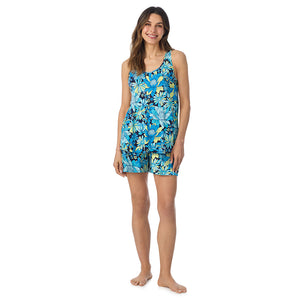  A lady wearing Cotton-Blend Tank with Short 2-Pc Pajama Set in Blue Floral posing front view pose