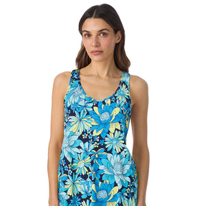 A lady wearing Cotton-Blend Tank with Short 2-Pc Pajama Set in Blue Floral posing front close up view pose