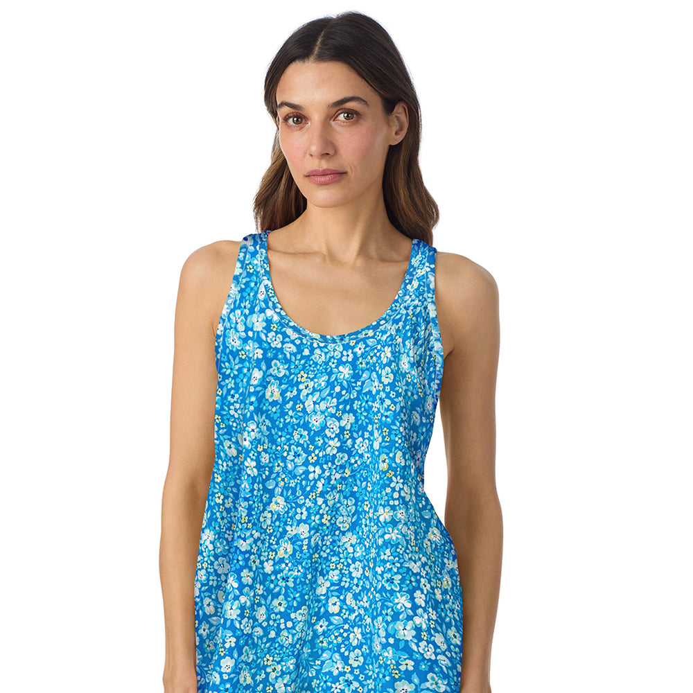 A lady wearing Cotton-Blend Tank with Short 2-Pc Pajama Set in Blue Ditsy posing front close up view pose