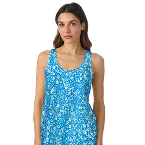  A lady wearing Cotton-Blend Tank with Short 2-Pc Pajama Set in Blue Ditsy posing front close up view pose