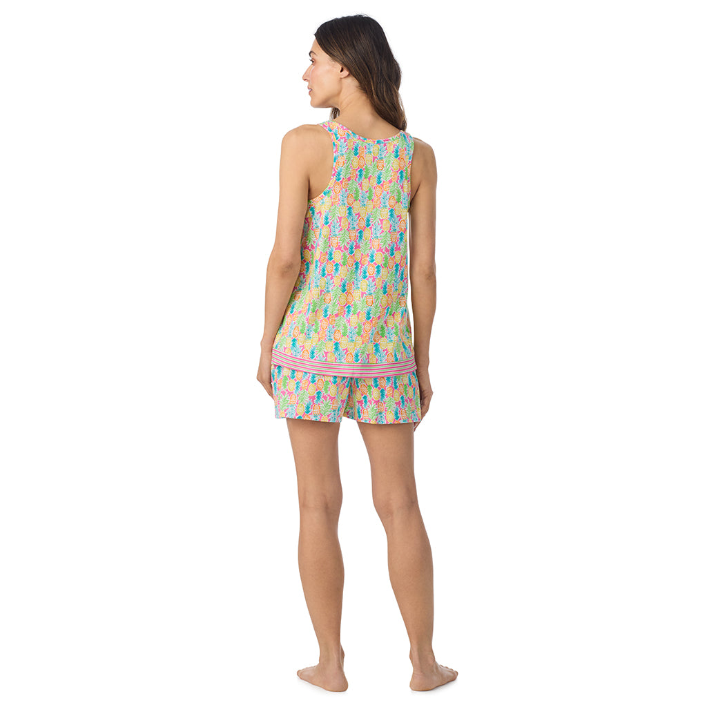  A lady wearing Cotton-Blend Tank with Short 2-Pc Pajama Set in Pineapple posing back view pose