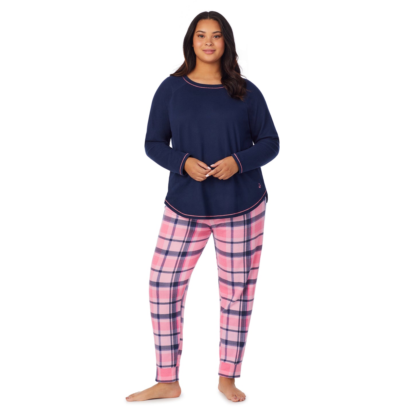 Pink Plaid;Model is wearing size 1X. She is 5'10", Bust 40", Waist 33", Hips 47"@A lady wearing pink plaid brushed sweater knit long sleeve plus pajama set. 