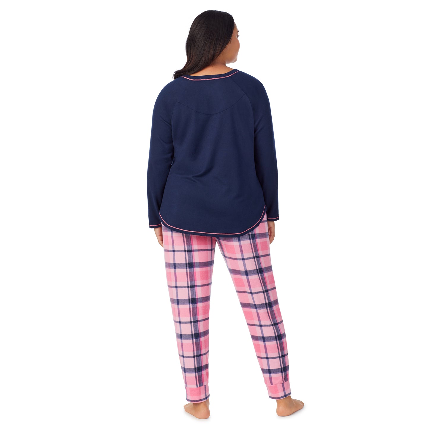 Pink Plaid;Model is wearing size 1X. She is 5'10", Bust 40", Waist 33", Hips 47"@A lady wearing pink plaid brushed sweater knit long sleeve plus pajama set. 