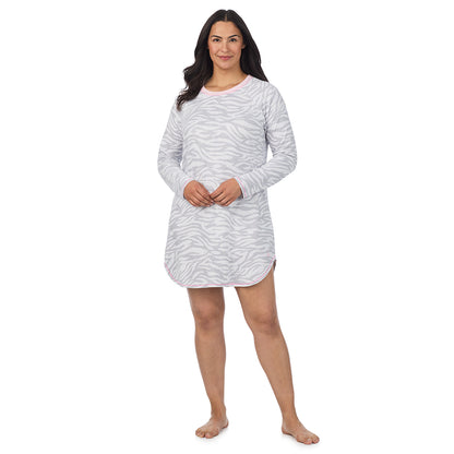 Zebra;Model is wearing size 1X. She is 5'10", Bust 40", Waist 33", Hips 47".@A lady wearing Zebra Brushed Sweater Knit Long Sleeve Sleepshirt PLUS