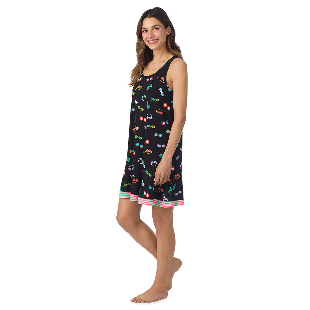 A lady wearing Cotton-Blend Sleeveless Sleep Chemise in Black Sunglasses posing side angle view pose