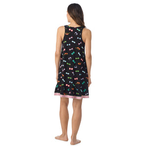  A lady wearing Cotton-Blend Sleeveless Sleep Chemise in Black Sunglasses posing back view pose