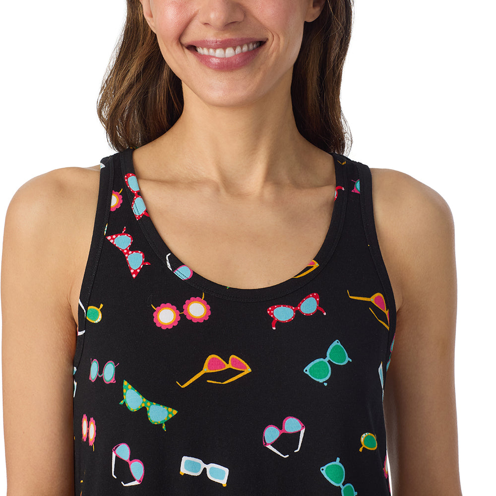 A lady wearing Cotton-Blend Sleeveless Sleep Chemise in Black Sunglasses posing close up view pose