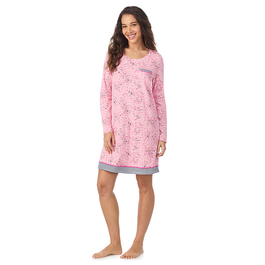 A lady wearing a Pink Celestial Cotton Rich Long Sleeve Sleepshirt 