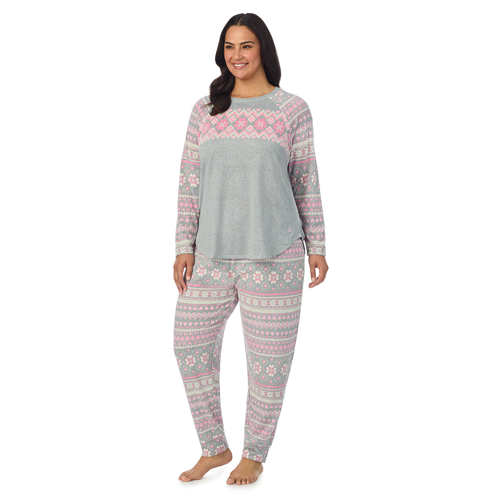 Grey Fairisle;Model is wearing size 1X. She is 5'10", Bust 40", Waist 33", Hips 47".@A lady wearing Grey Fairisle Brushed Sweater Knit Long Sleeve Pajama Set PLUS