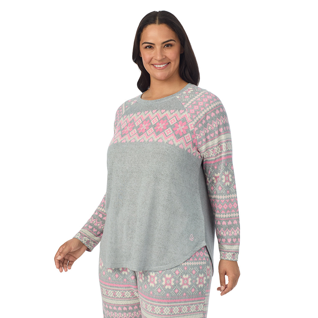 A lady wearing Grey Fairisle Brushed Sweater Knit Long Sleeve Pajama Set PLUS