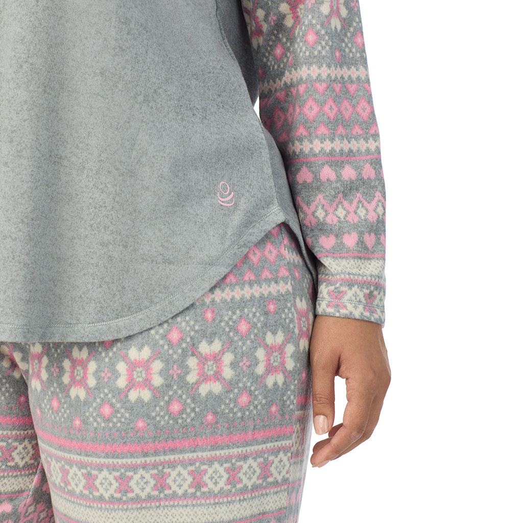 A lady wearing Grey Fairisle Brushed Sweater Knit Long Sleeve Pajama Set PLUS