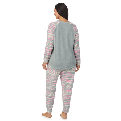 Grey Fairisle;Model is wearing size 1X. She is 5'10", Bust 40", Waist 33", Hips 47".@A lady wearing Grey Fairisle Brushed Sweater Knit Long Sleeve Pajama Set PLUS