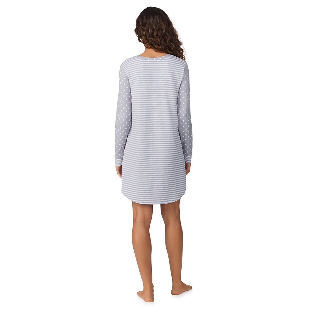 Grey Dot/Stripe;Model is wearing size S. She is 5’9”, Bust 34”, Waist 23”, Hips 35”.@A lady wearing Grey Dot/Stripe Brushed Sweater Knit Long Sleeve Henley Sleepshirt