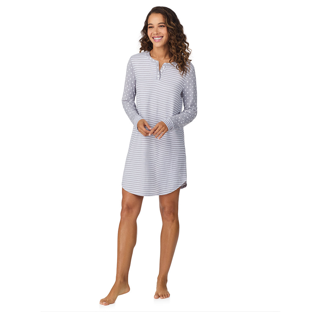 Grey Dot/Stripe;Model is wearing size S. She is 5’9”, Bust 34”, Waist 23”, Hips 35”.@A lady wearing Grey Dot/Stripe Brushed Sweater Knit Long Sleeve Henley Sleepshirt