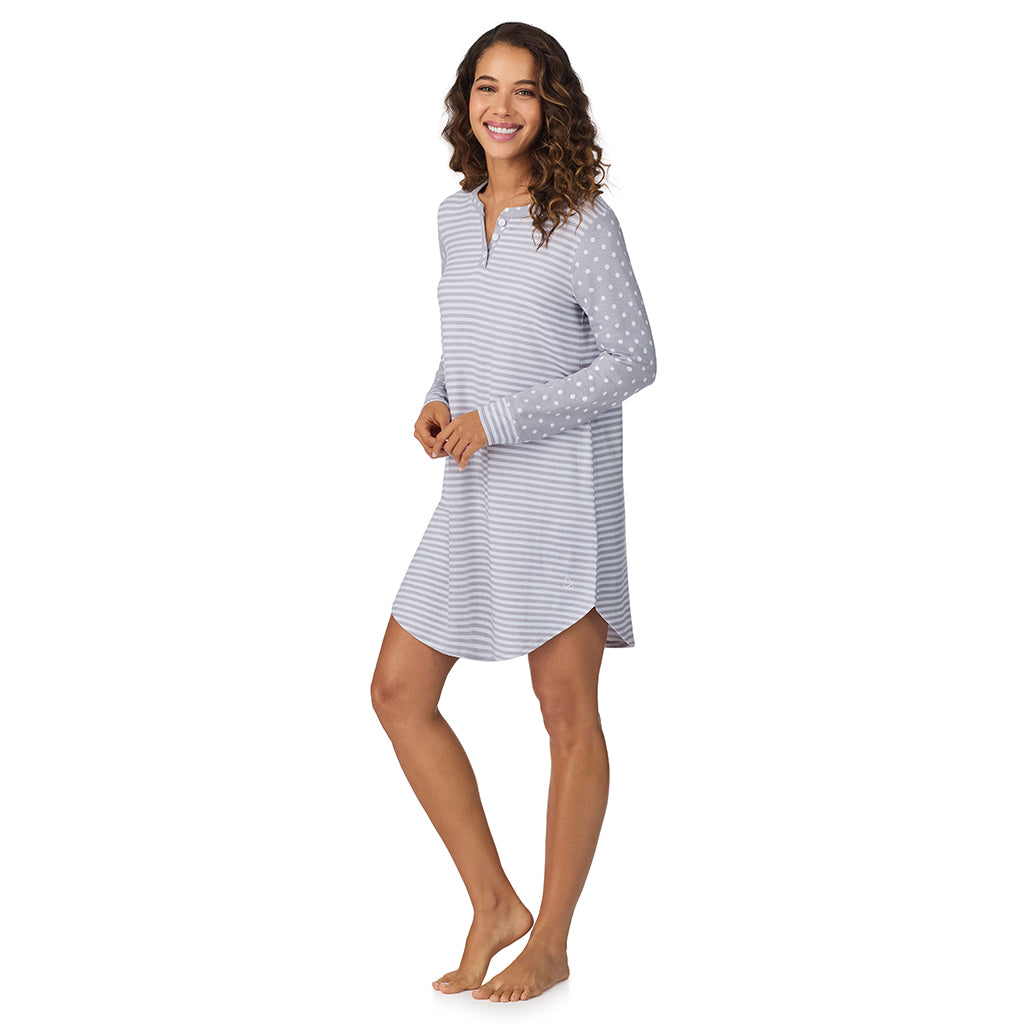 Grey Dot/Stripe;Model is wearing size S. She is 5’9”, Bust 34”, Waist 23”, Hips 35”.@A lady wearing Grey Dot/Stripe Brushed Sweater Knit Long Sleeve Henley Sleepshirt