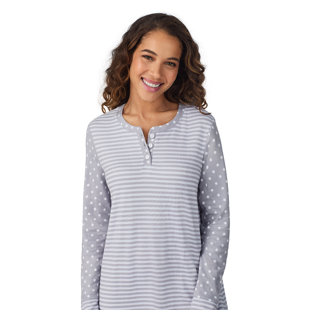 Grey Dot/Stripe;Model is wearing size S. She is 5’9”, Bust 34”, Waist 23”, Hips 35”.@A lady wearing Grey Dot/Stripe Brushed Sweater Knit Long Sleeve Henley Sleepshirt