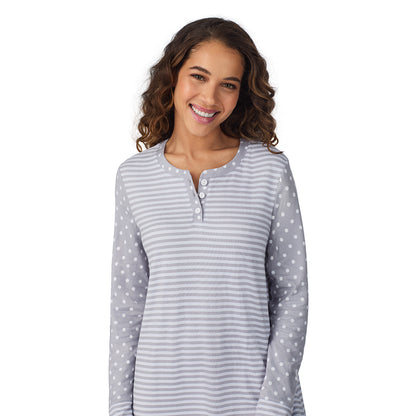 Grey Dot/Stripe;Model is wearing size S. She is 5’9”, Bust 34”, Waist 23”, Hips 35”.@A lady wearing Grey Dot/Stripe Brushed Sweater Knit Long Sleeve Henley Sleepshirt