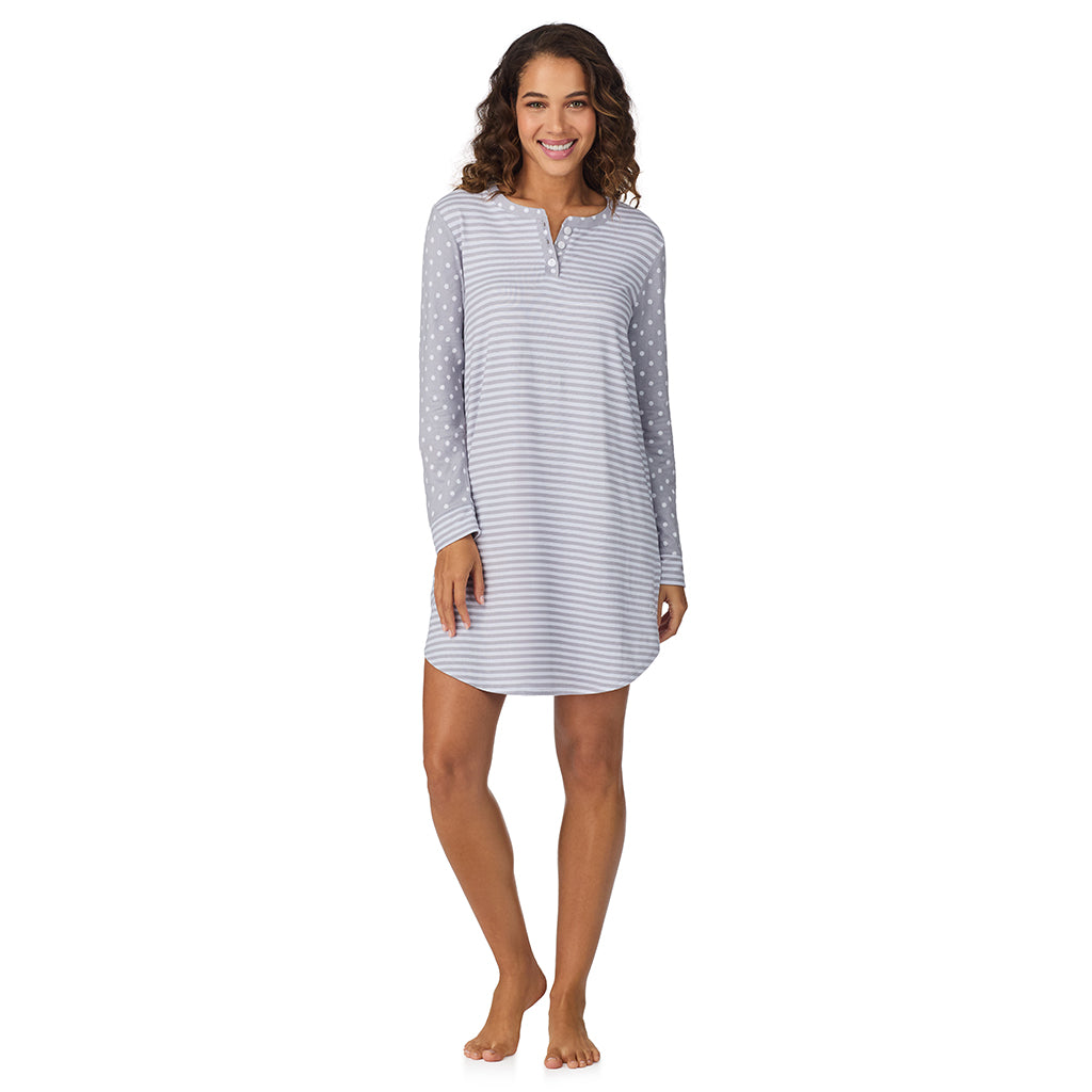 Grey Dot/Stripe;Model is wearing size S. She is 5’9”, Bust 34”, Waist 23”, Hips 35”.@A lady wearing Grey Dot/Stripe Brushed Sweater Knit Long Sleeve Henley Sleepshirt