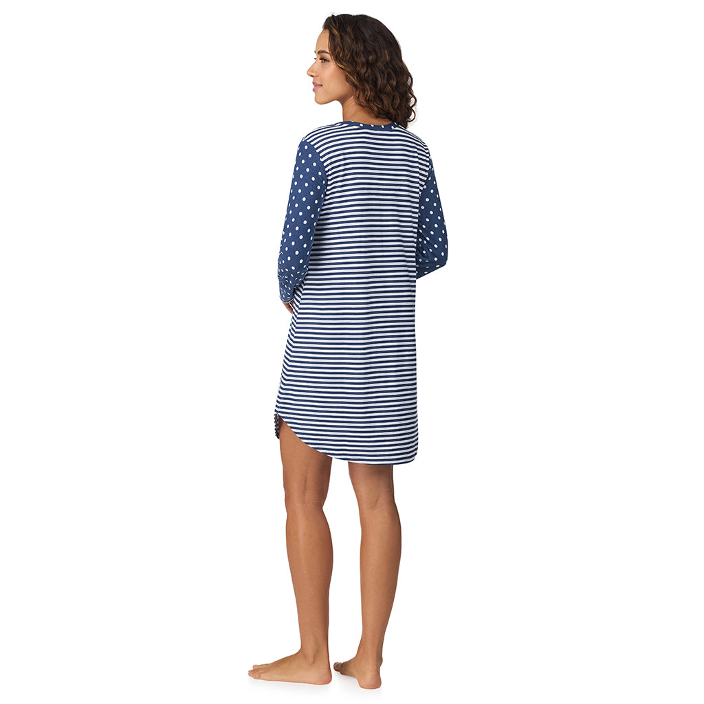 A lady wearing Blue Dot/Stripe Brushed Sweater Knit Long Sleeve Henley Sleepshirt