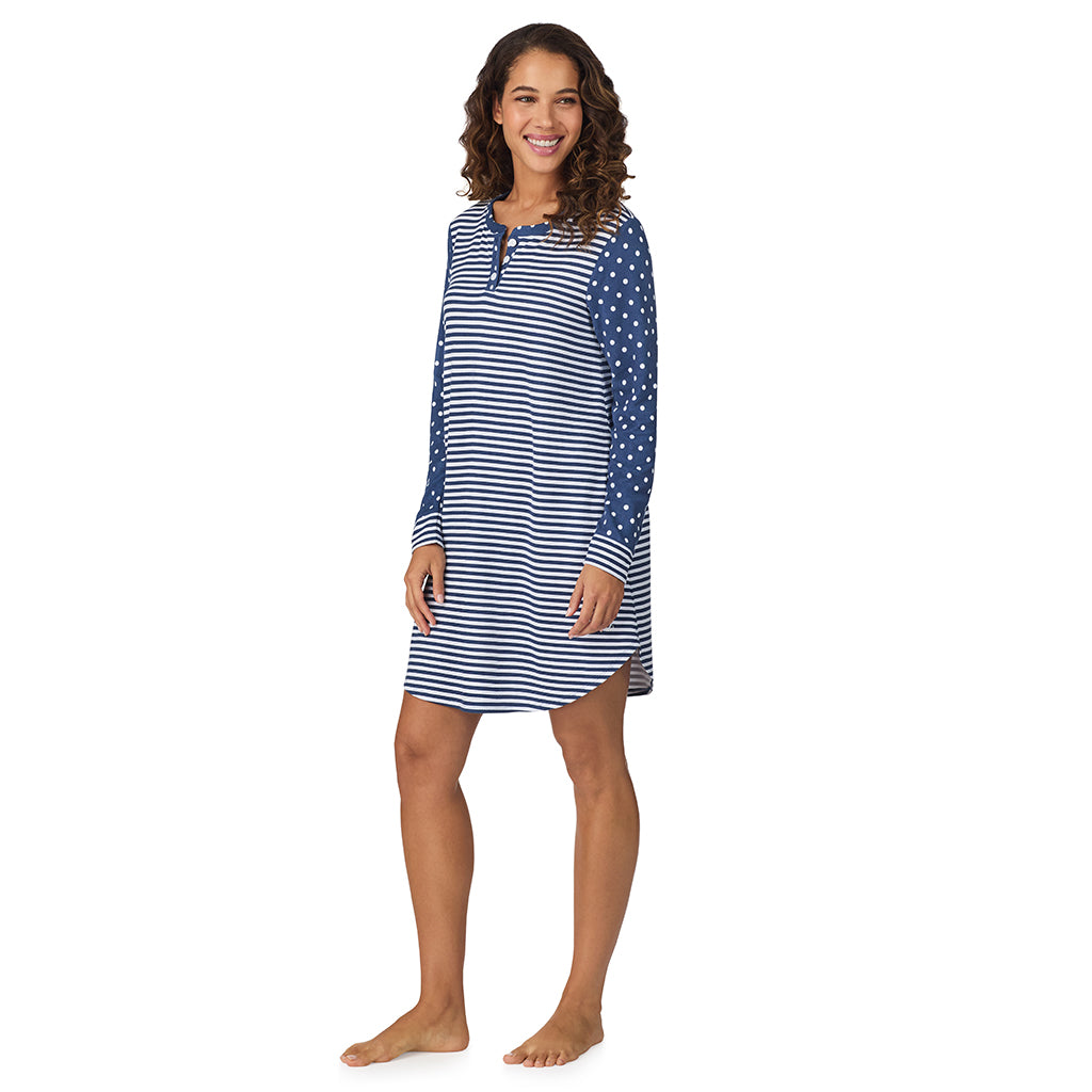 Blue Dot/Stripe;Model is wearing size S. She is 5’9”, Bust 34”, Waist 23”, Hips 35”.@A lady wearing Blue Dot/Stripe Brushed Sweater Knit Long Sleeve Henley Sleepshirt