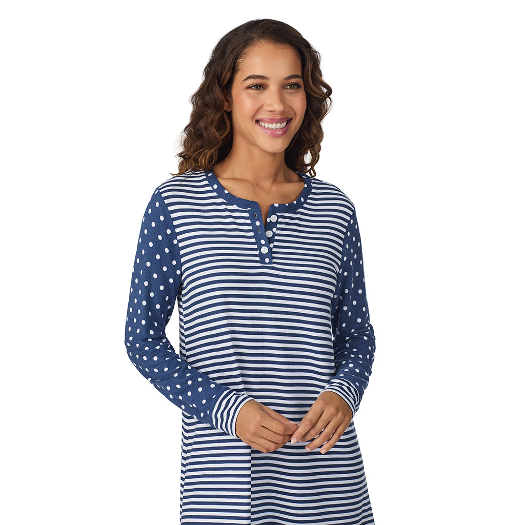 A lady wearing Blue Dot/Stripe Brushed Sweater Knit Long Sleeve Henley Sleepshirt