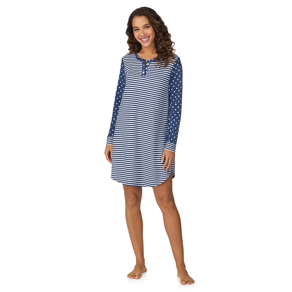 Blue Dot/Stripe;Model is wearing size S. She is 5’9”, Bust 34”, Waist 23”, Hips 35”.@A lady wearing Blue Dot/Stripe Brushed Sweater Knit Long Sleeve Henley Sleepshirt