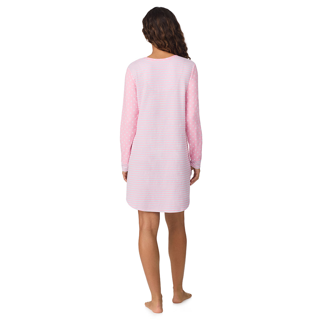 Pink Dot/Stripe;Model is wearing size S. She is 5’9”, Bust 34”, Waist 23”, Hips 35”.@A lady wearing Pink Dot/Stripe Brushed Sweater Knit Long Sleeve Henley Sleepshirt