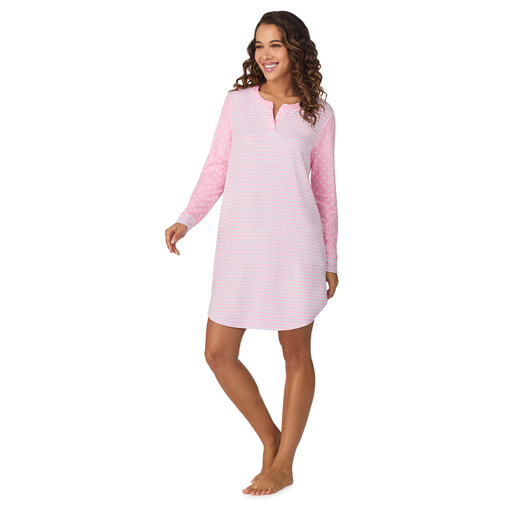 Pink Dot/Stripe;Model is wearing size S. She is 5’9”, Bust 34”, Waist 23”, Hips 35”.@A lady wearing Pink Dot/Stripe Brushed Sweater Knit Long Sleeve Henley Sleepshirt