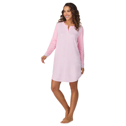 Pink Dot/Stripe;Model is wearing size S. She is 5’9”, Bust 34”, Waist 23”, Hips 35”.@A lady wearing Pink Dot/Stripe Brushed Sweater Knit Long Sleeve Henley Sleepshirt