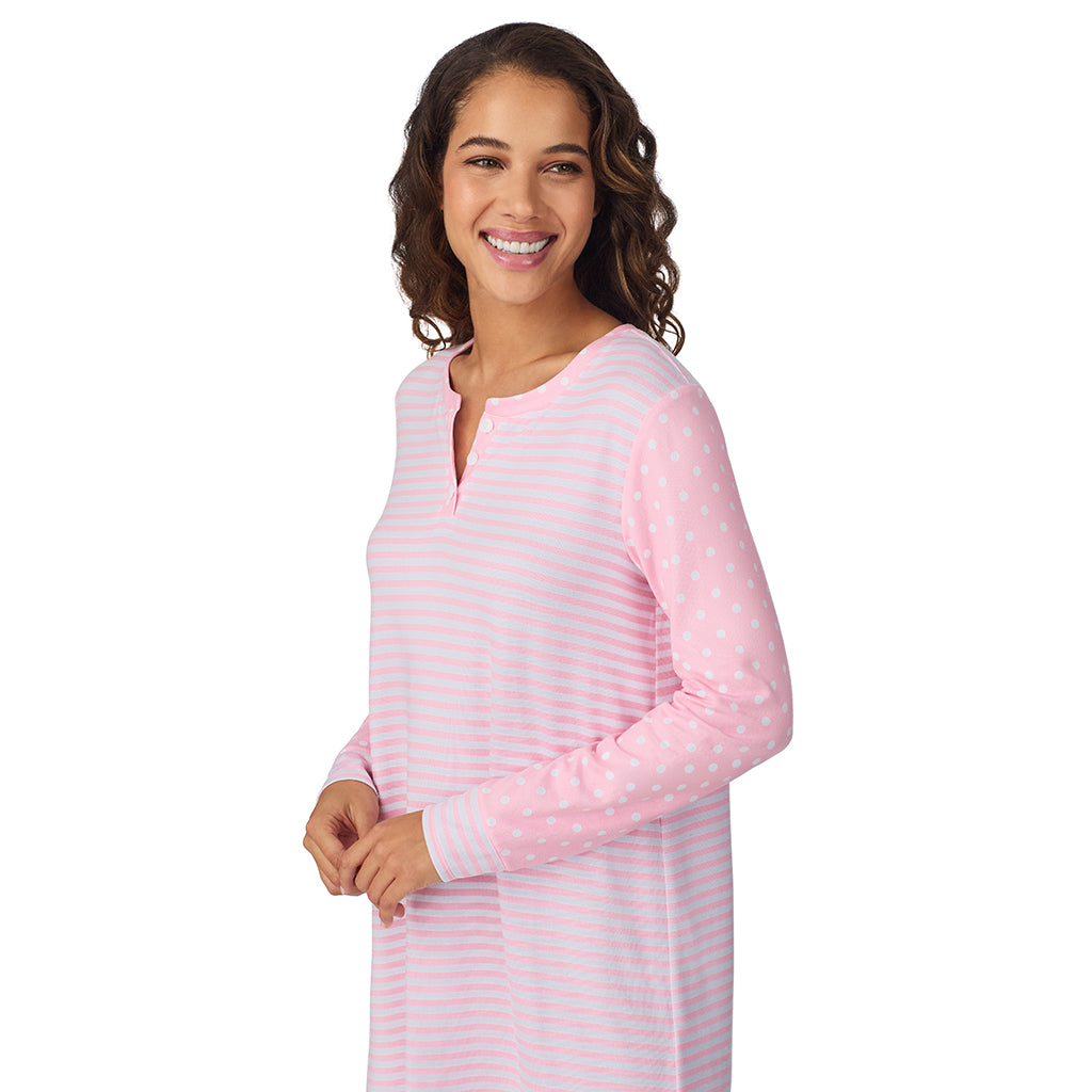 A lady wearing Pink Dot/Stripe Brushed Sweater Knit Long Sleeve Henley Sleepshirt