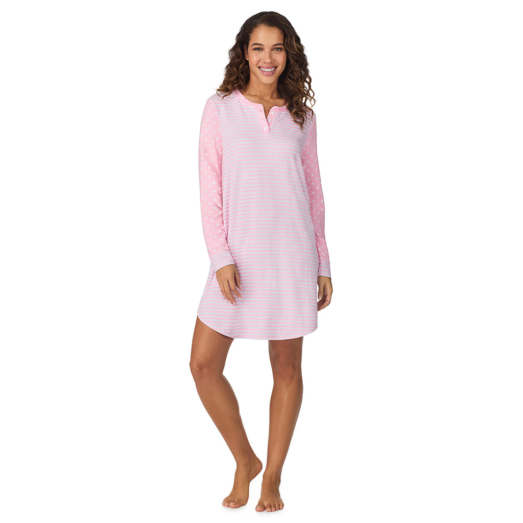 A lady wearing Pink Dot/Stripe Brushed Sweater Knit Long Sleeve Henley Sleepshirt