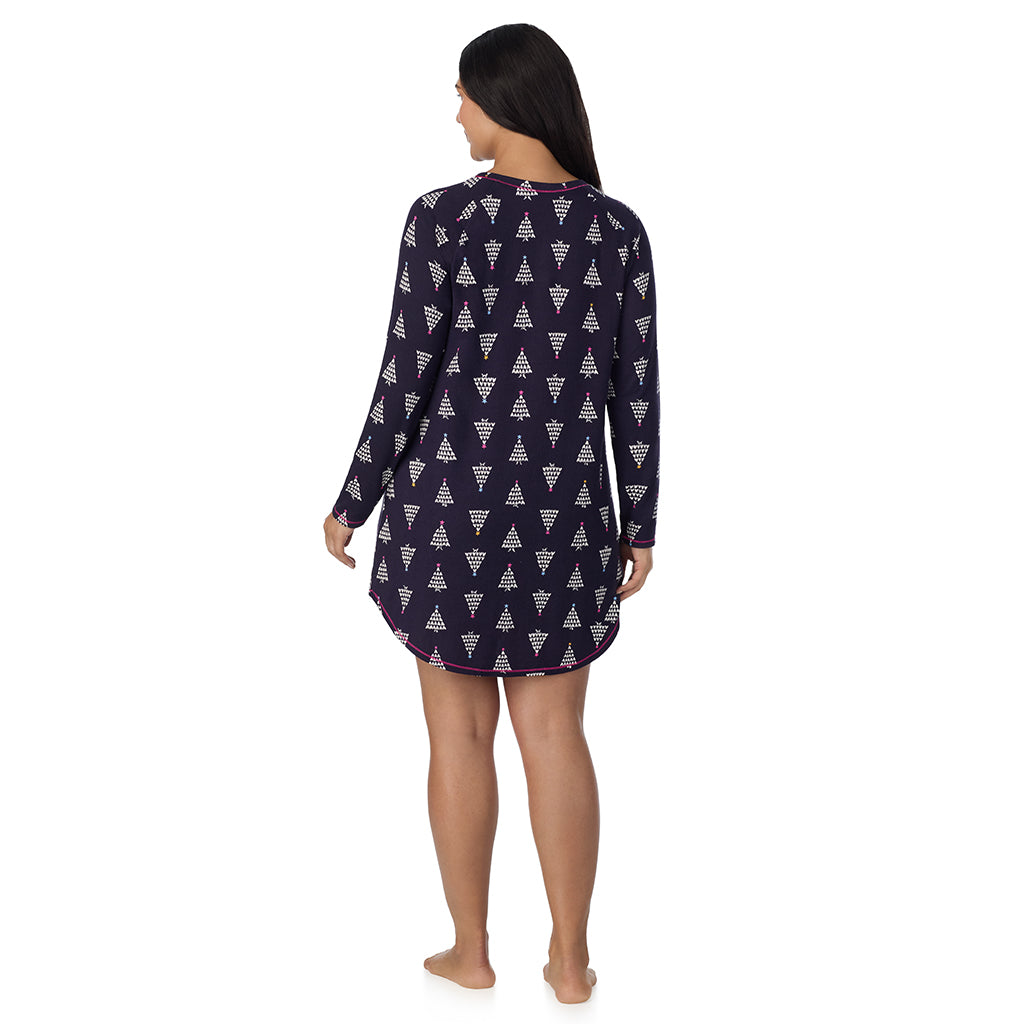 Navy Heart Trees;Model is wearing size 1X. She is 5'10", Bust 40", Waist 33", Hips 47".@A lady wearing Navy Heart Trees Brushed Sweater Knit Long Sleeve Sleepshirt PLUS