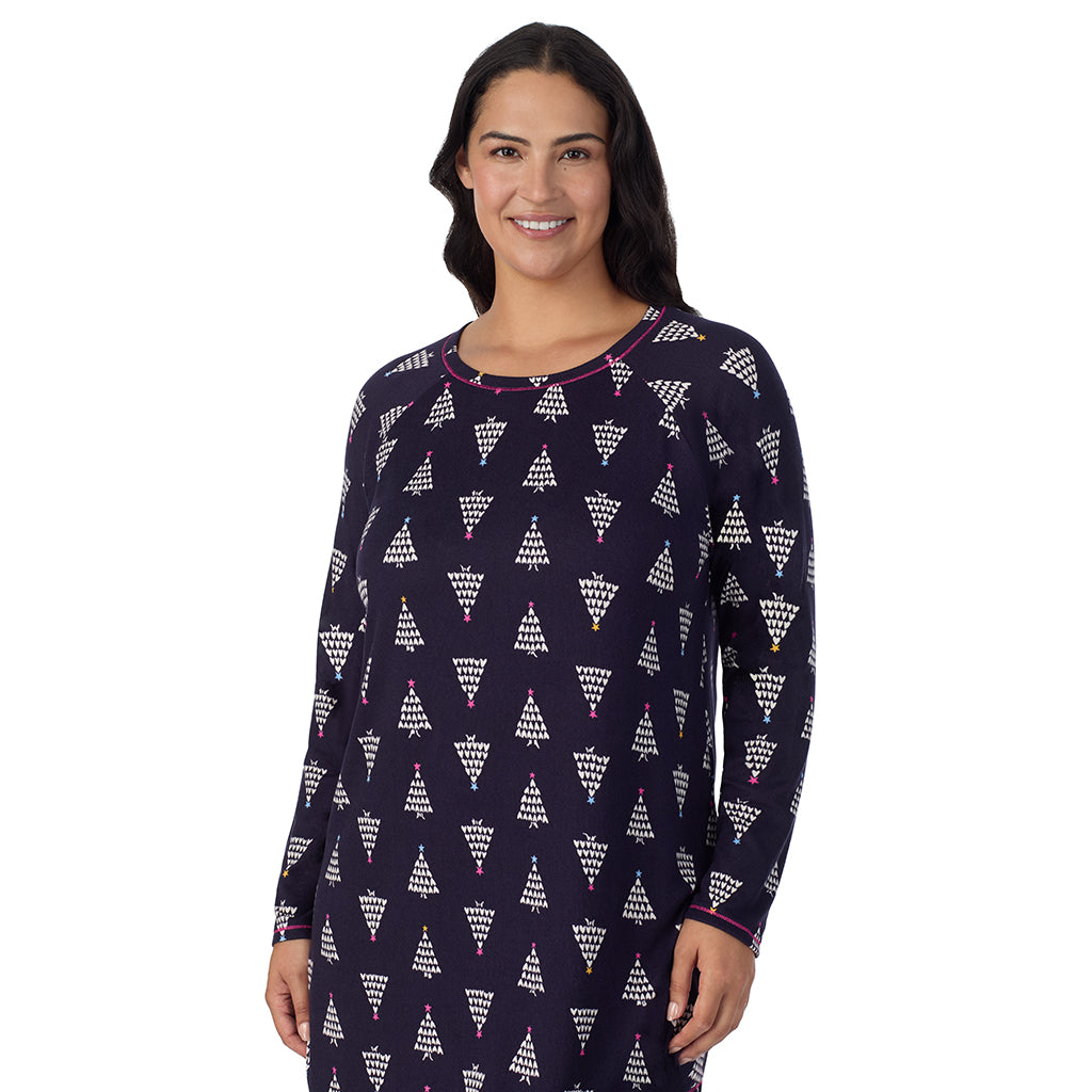 A lady wearing Navy Heart Trees Brushed Sweater Knit Long Sleeve Sleepshirt PLUS