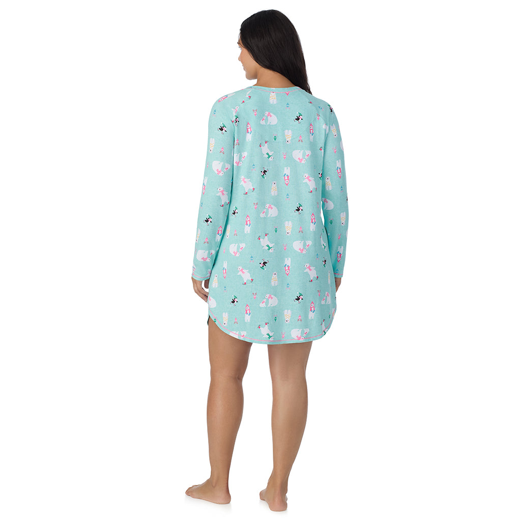 Aqua Polar Bears;Model is wearing size 1X. She is 5'10", Bust 40", Waist 33", Hips 47".@A lady wearing Aqua Polar Bears Brushed Sweater Knit Long Sleeve Sleepshirt PLUS