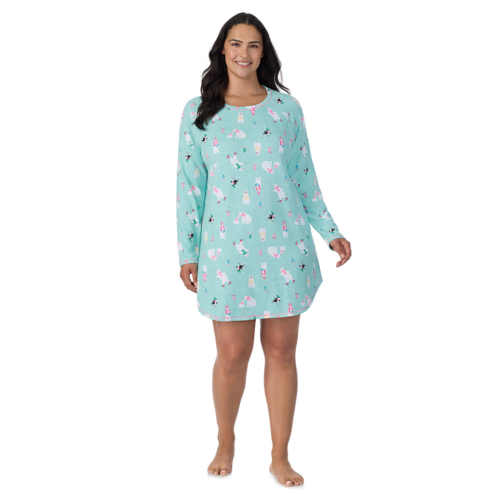 A lady wearing Aqua Polar Bears Brushed Sweater Knit Long Sleeve Sleepshirt PLUS