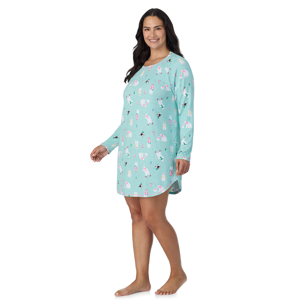 Aqua Polar Bears;Model is wearing size 1X. She is 5'10", Bust 40", Waist 33", Hips 47".@A lady wearing Aqua Polar Bears Brushed Sweater Knit Long Sleeve Sleepshirt PLUS