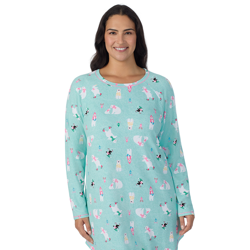 Aqua Polar Bears;Model is wearing size 1X. She is 5'10", Bust 40", Waist 33", Hips 47".@A lady wearing Aqua Polar Bears Brushed Sweater Knit Long Sleeve Sleepshirt PLUS