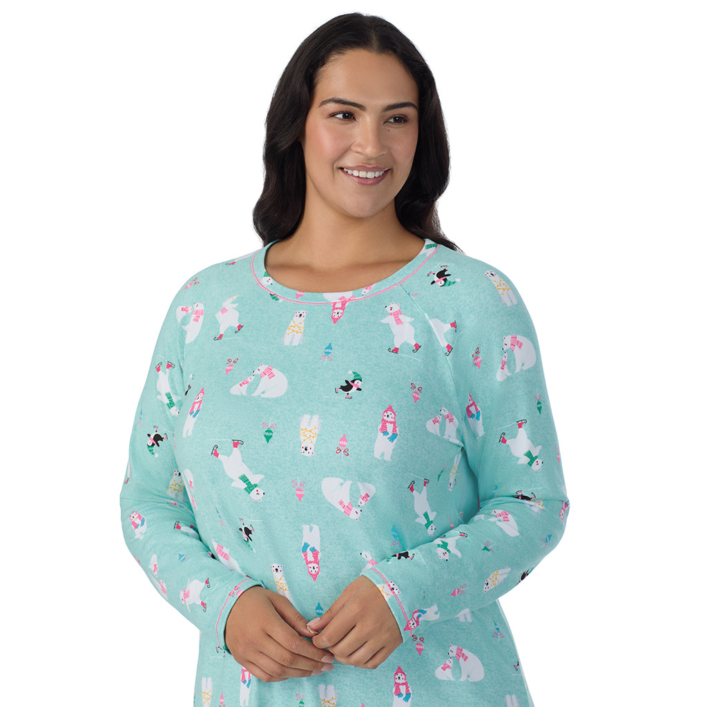 Aqua Polar Bears;Model is wearing size 1X. She is 5'10", Bust 40", Waist 33", Hips 47".@A lady wearing Aqua Polar Bears Brushed Sweater Knit Long Sleeve Sleepshirt PLUS