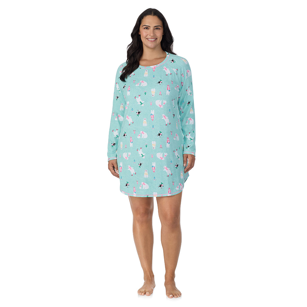 Aqua Polar Bears;Model is wearing size 1X. She is 5'10", Bust 40", Waist 33", Hips 47".@A lady wearing Aqua Polar Bears Brushed Sweater Knit Long Sleeve Sleepshirt PLUS