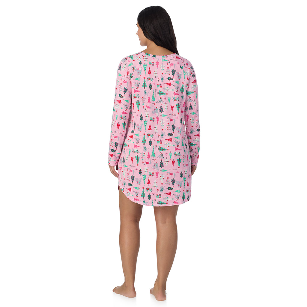 A lady wearing Pink Holiday Trees Brushed Sweater Knit Long Sleeve Sleepshirt PLUS